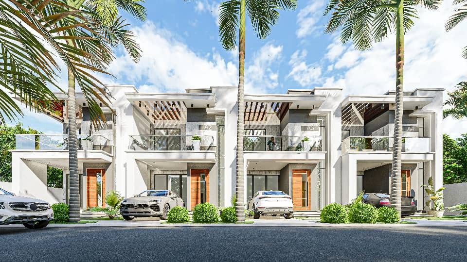 Modern townhouse exterior with palm landscaping