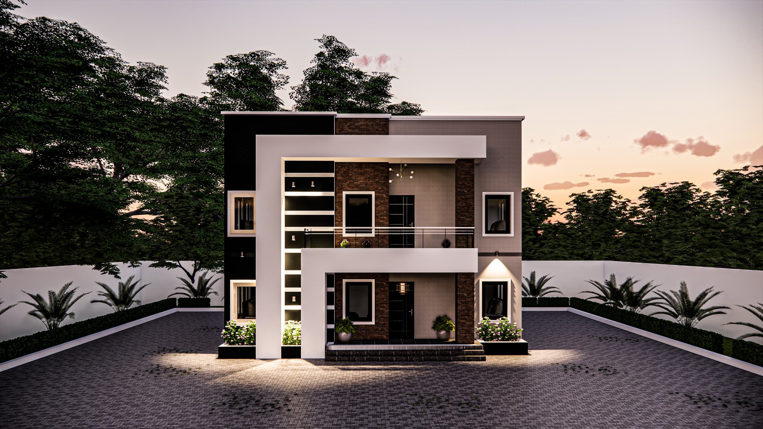 Modern duplex residence, finished design render at dusk