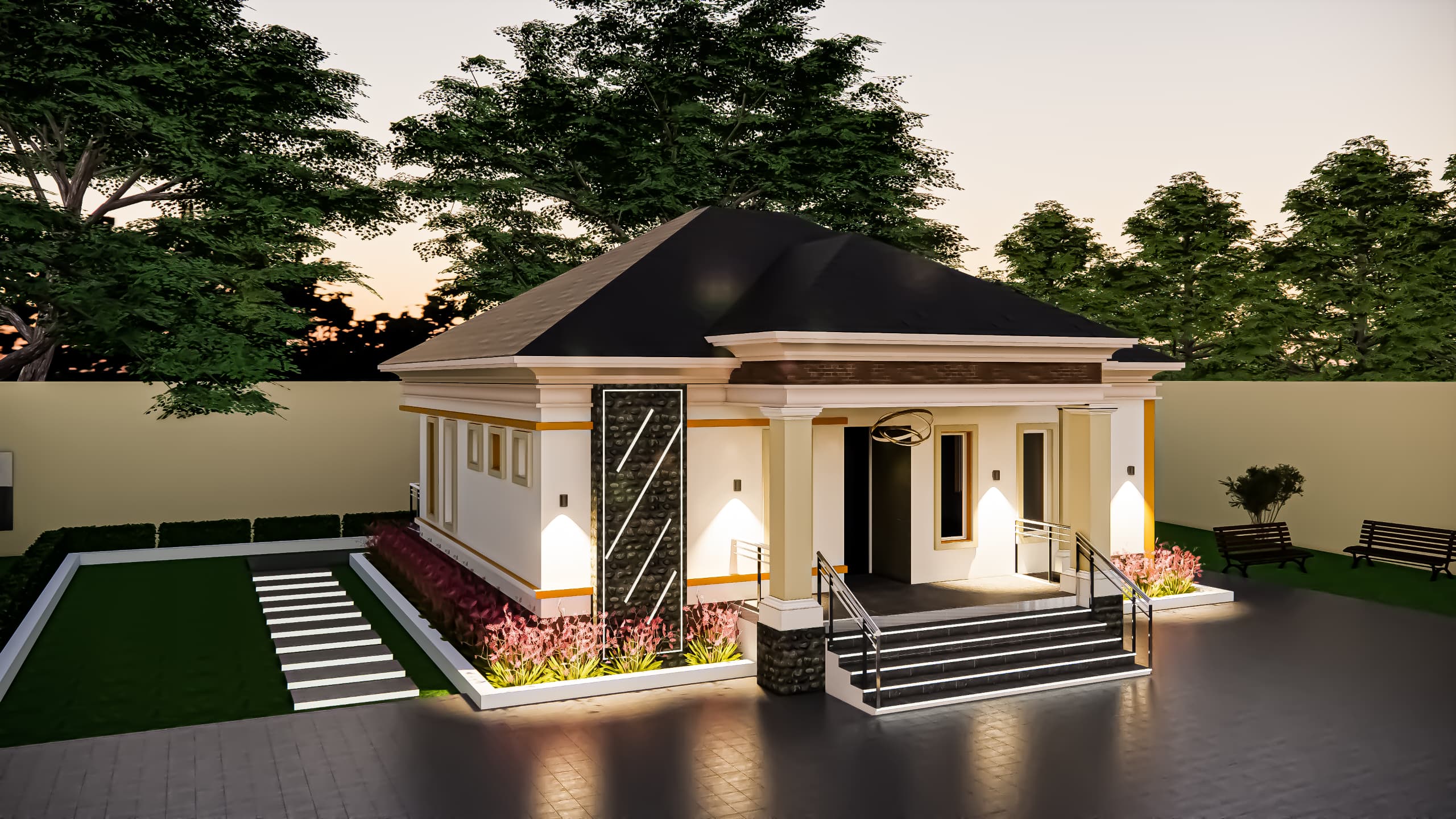 Bungalow residence, finished design render at dusk