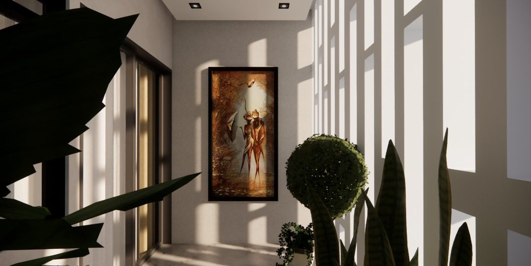 Gallery hallway interior with artwork
