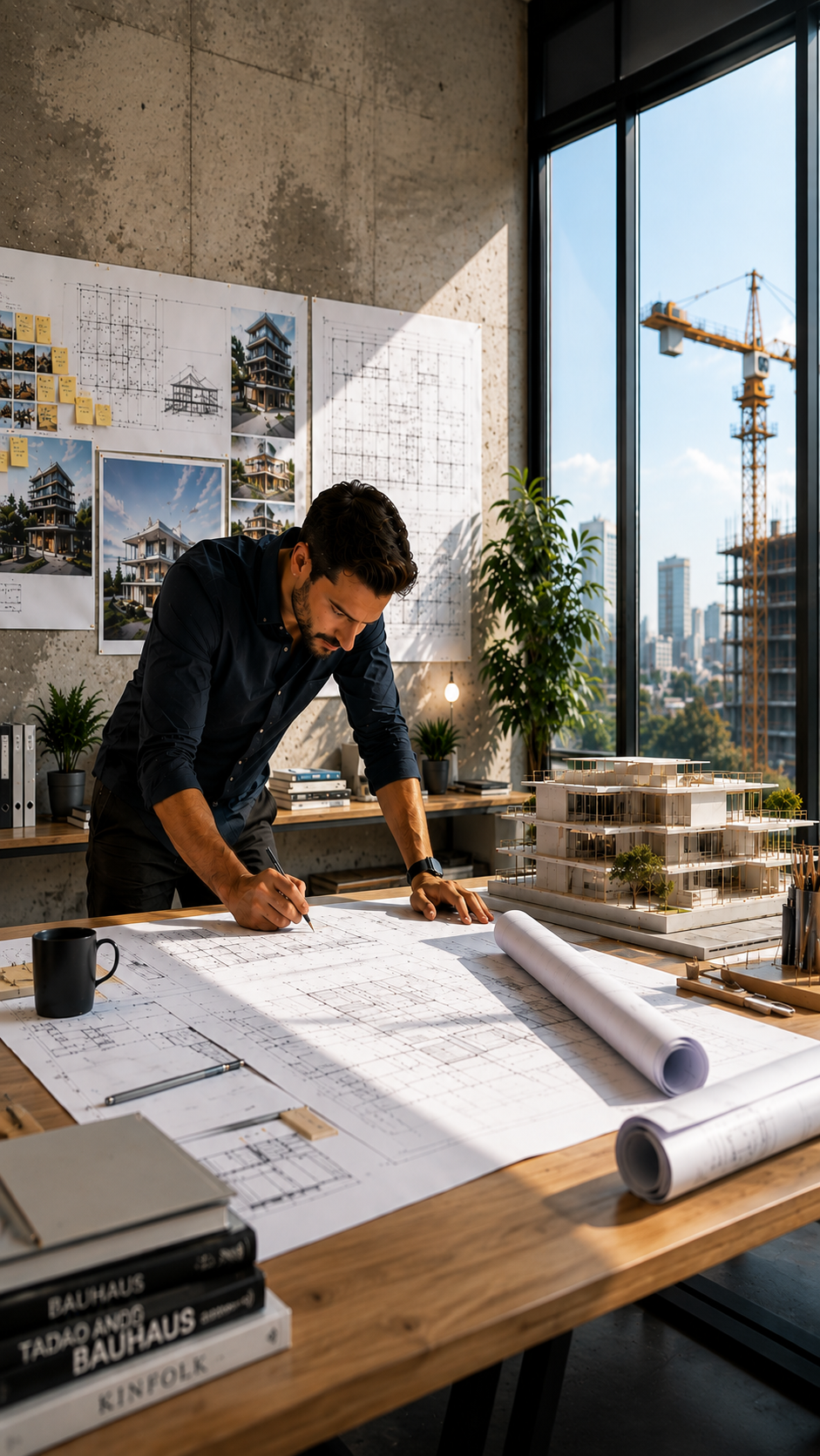 Architect reviewing detailed building plans at a drafting table, with a construction crane visible through the window